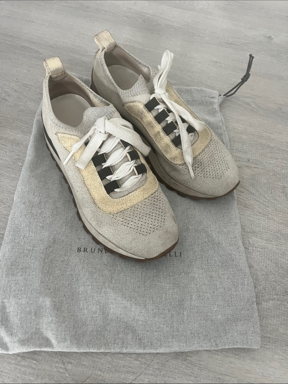 Brunello Cucinelli Beige and Gold Knit Lace-Up Sneakers